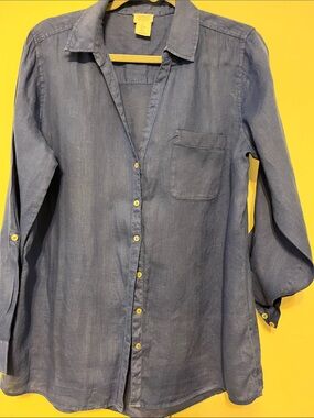 Sigrid Olsen Women Light 💯 % Linen Blue Button-Down Casual Shirt